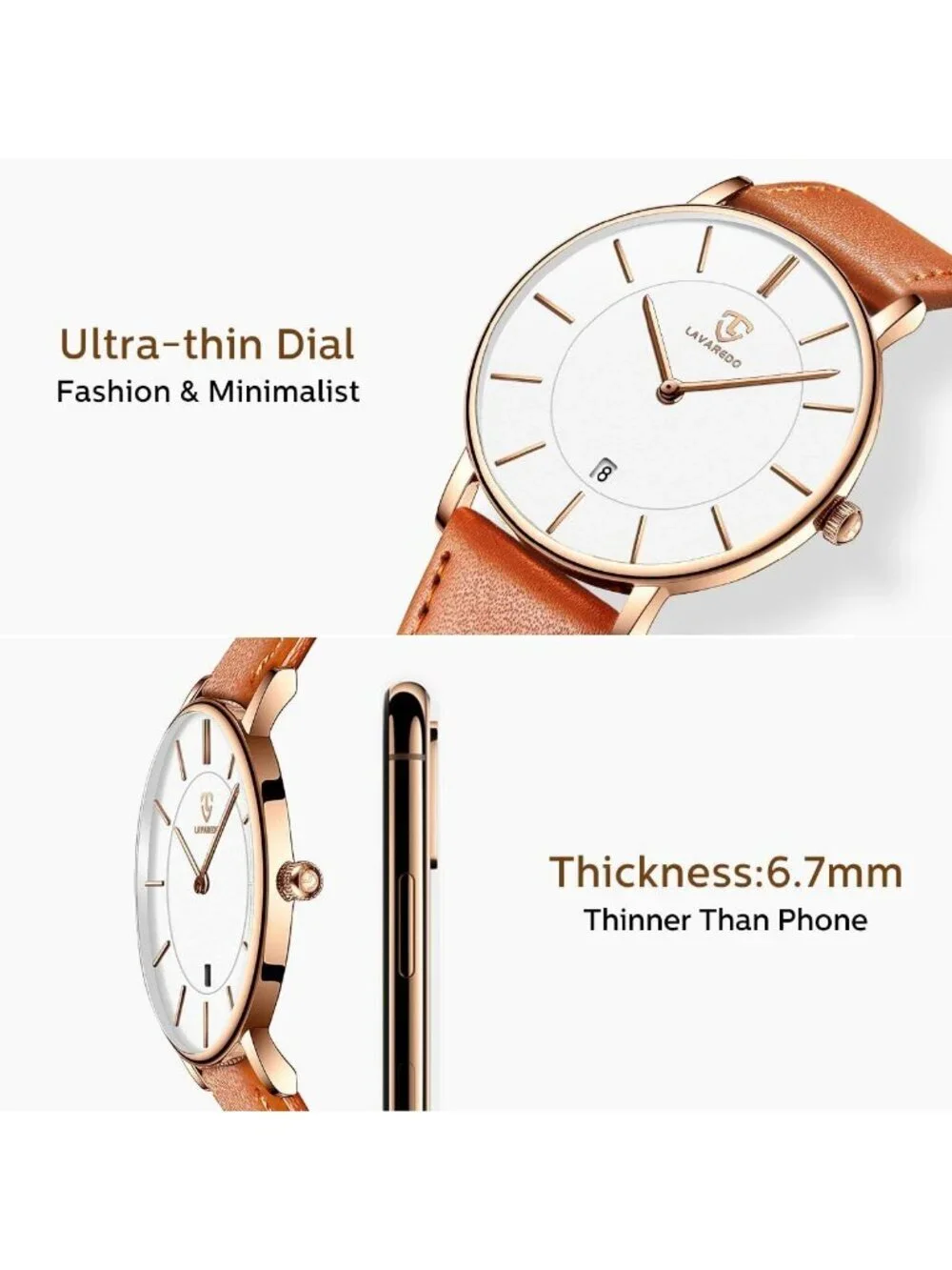 Men's Orange White Leather Strap Analog Minimalist Fashion Simple Wrist Watch